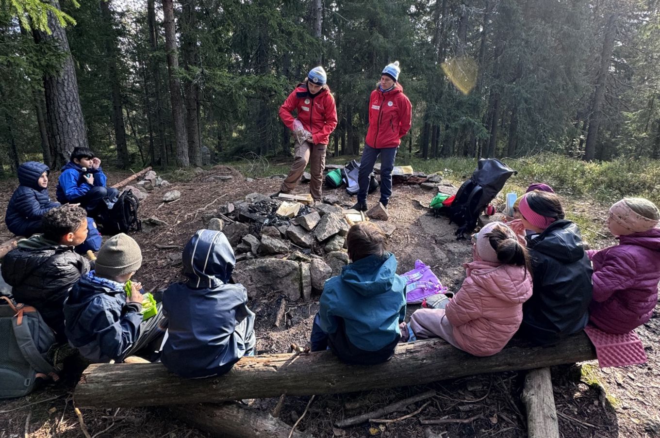 En gruppe elever som sitter på en tømmerstokk i skogen