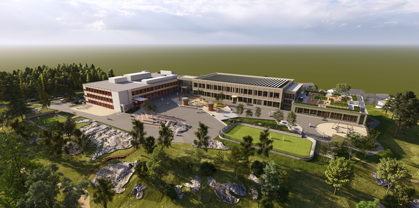 Fasade til nytt tilbygg og uteområde (skolegård) sett fra øst